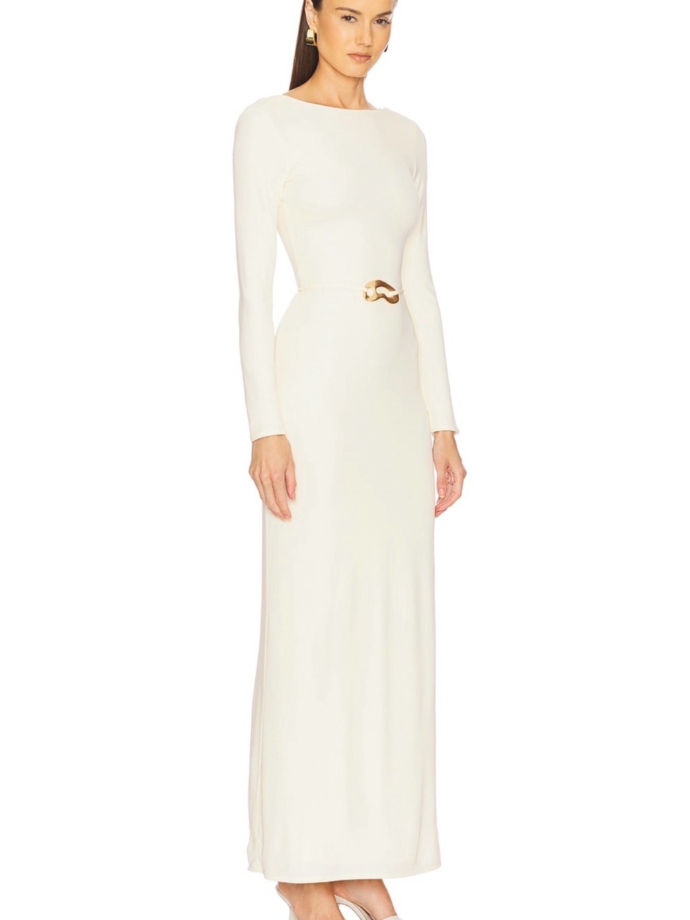 L'Academie Cream Long-Sleeve Maxi Dress with Gold Belt Detail